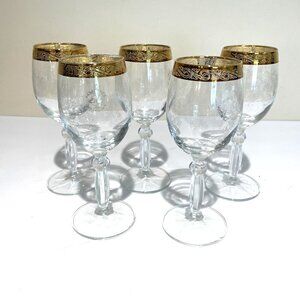 Pasabahce Circle Wine Glasses Gold Rimmed Art of Glass Turkey Set of 5 NWOB